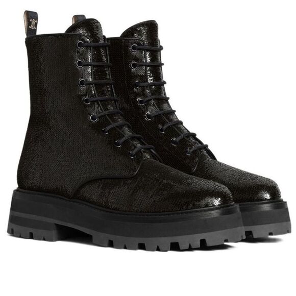 New Celine BULKY Sequined Strap-Up Combat Boot Size 39 US Size 9 - Picture 1 of 12